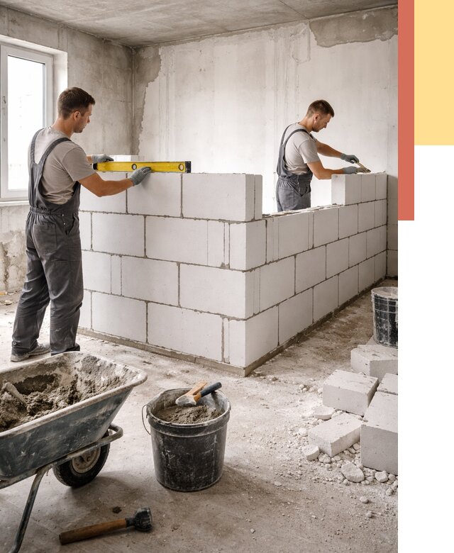 Кладка перегородок из ПГП в Богородицке от 2672 руб./м2 — монтаж и возведение под ключ | ОТДЕЛОЧНИК-Бгд