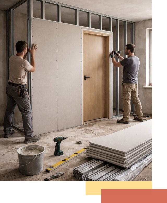 Перегородка из гипсокартона с дверью под ключ в Богородицке