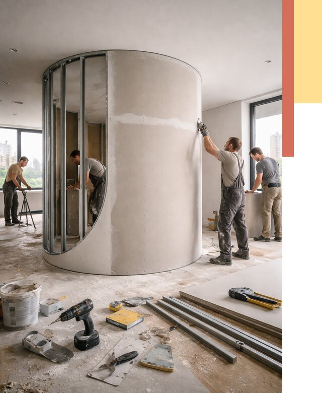 Радиусная перегородка из гипсокартона в Богородицке от 3099 руб. под ключ | ОТДЕЛОЧНИК-Бгд