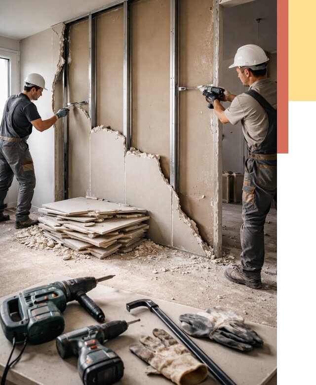 Демонтаж перегородки из гипсокартона в Богородицке от 1282 руб. быстро и недорого | ОТДЕЛОЧНИК-Бгд