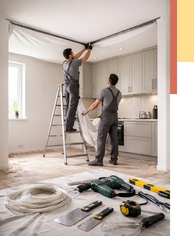 Установка натяжного потолка на кухне в Богородицке от 2565 руб. | ОТДЕЛОЧНИК-Бгд