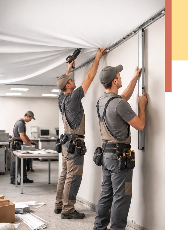 Монтаж натяжного потолка в офисе в Богородицке от 481 руб/м² — быстро и недорого | ОТДЕЛОЧНИК-Бгд