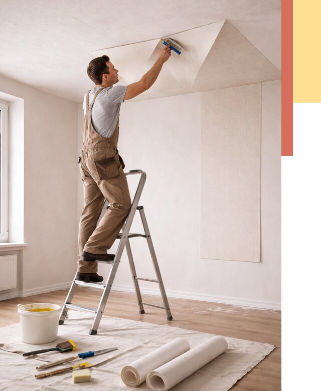 Поклейка обоев на потолок в Богородицке от 4809 руб. быстро и недорого | ОТДЕЛОЧНИК-Бгд